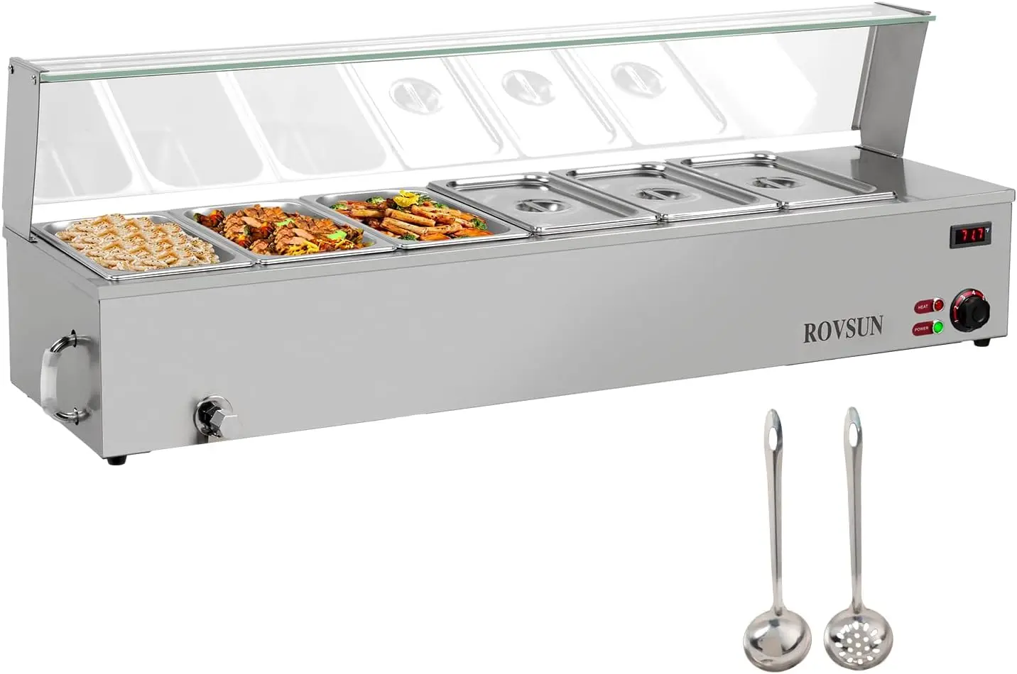 Electric Commercial Food Warmer 48QT, 6-Pan Steam Table Stainless Steel Bain Marie Countertop 8QT/Pan w/Acrylic Shield Temperatu