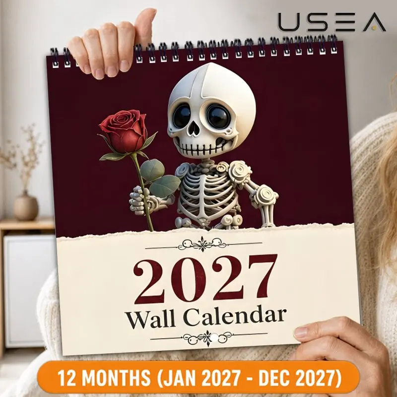 2027 Wall Calendar,Writable Blocks,US Holidays, Gothic Cute Skeleton Rose Design, Aesthetic Decor, Gift for Mom Coworker Teacher
