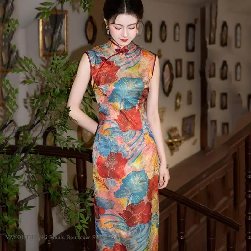 

Классический длинный Cheongsam в стиле ретро для женщин, традиционная китайская одежда, сексуальные тонкие платья Ципао с разрезом и цветочным принтом, атласные платья