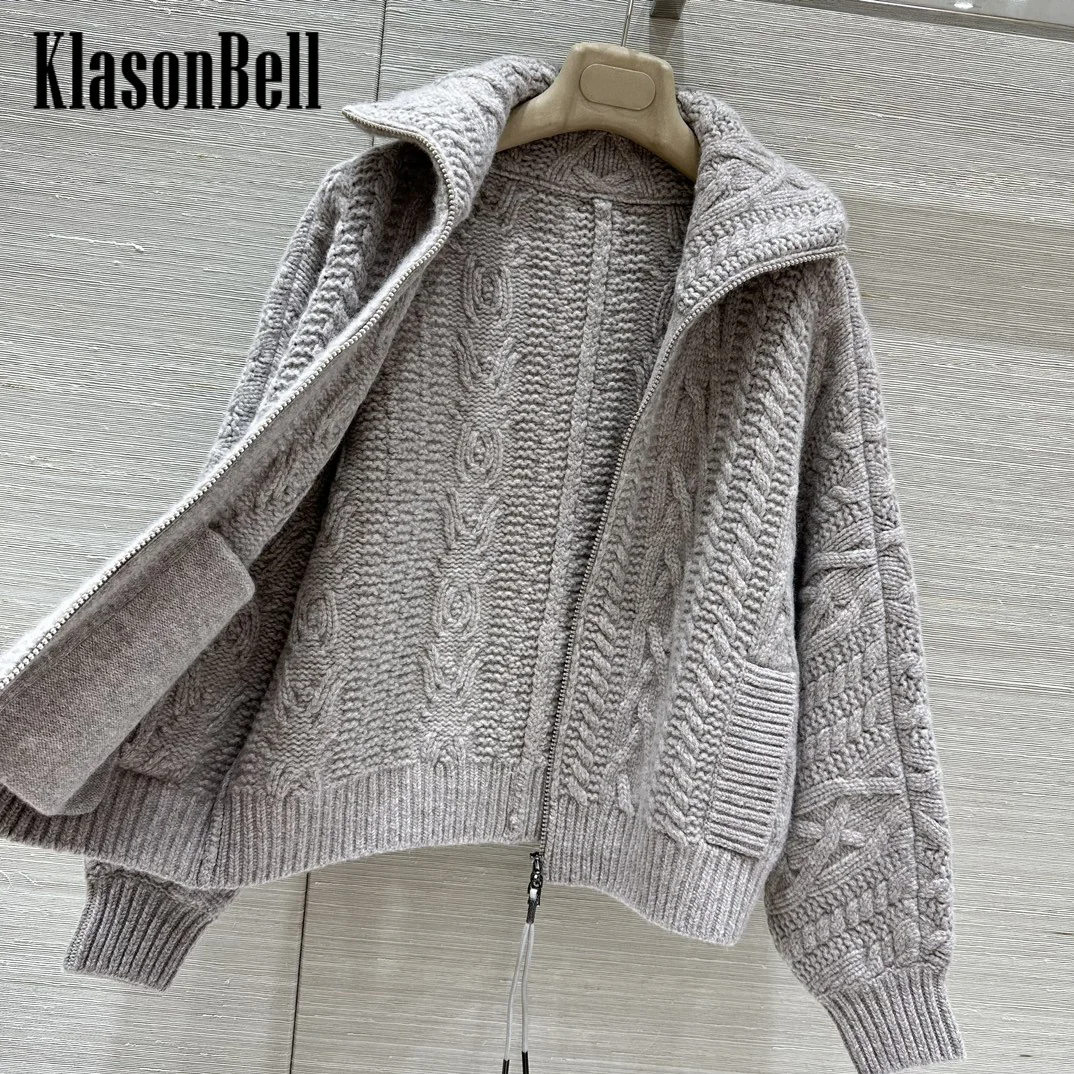 9.25 KlasonBell Women\'s Bead Chain Lace-up Zipper Classic Cashmere Knit Thick Cardigan Twist Turn-down Collar Loose Coat