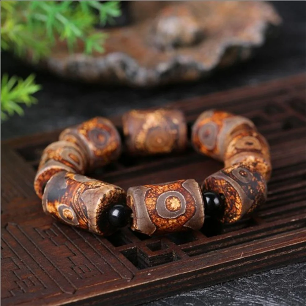 Natural Xizang chalcedony heaven beads three eyes nine eyes bracelet wrapped with silk agate men's bracelet