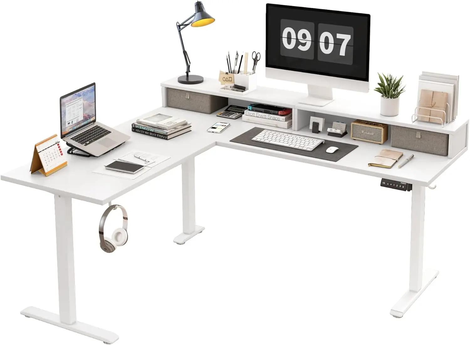 

L Shaped Electric Standing Desk with 2 Drawers, 63 Inch Ergonomic Adjustable Height Desk with Storage, Corner Desk Sit Stand