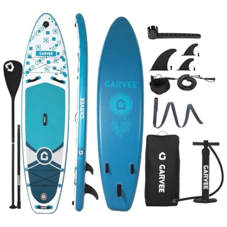 

Inflatable Paddle Board for beginners adults youth PVC material blue wide stable design anti-slip EVA deck built-in camera moun