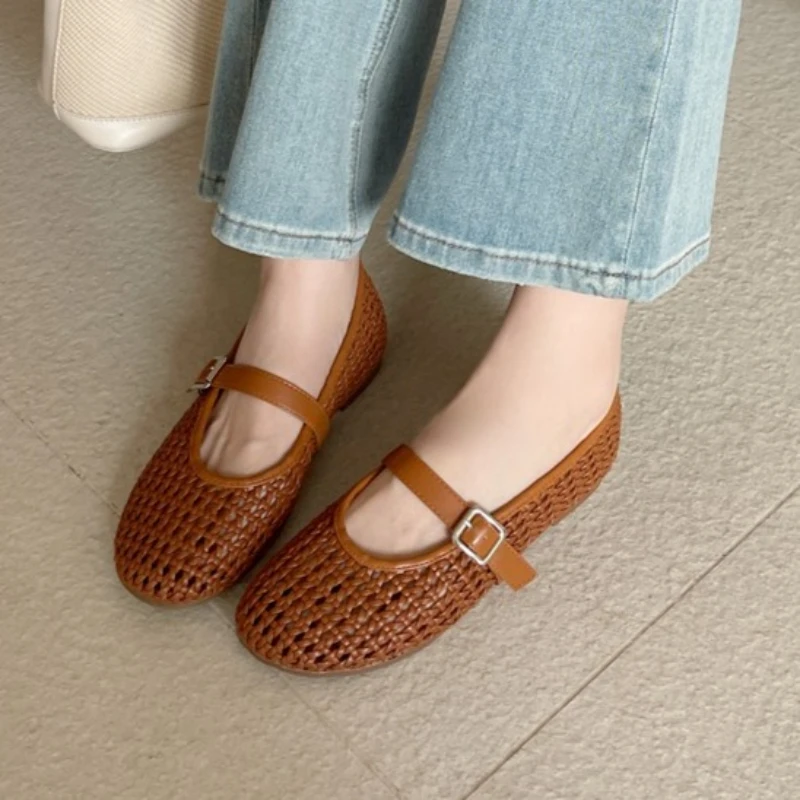 women's-round-toe-woven-hollow-out-ankle-buckle-mary-jane-flat-heel-pumps-breathable-casual-daily-summer-footwear-drop-shipping