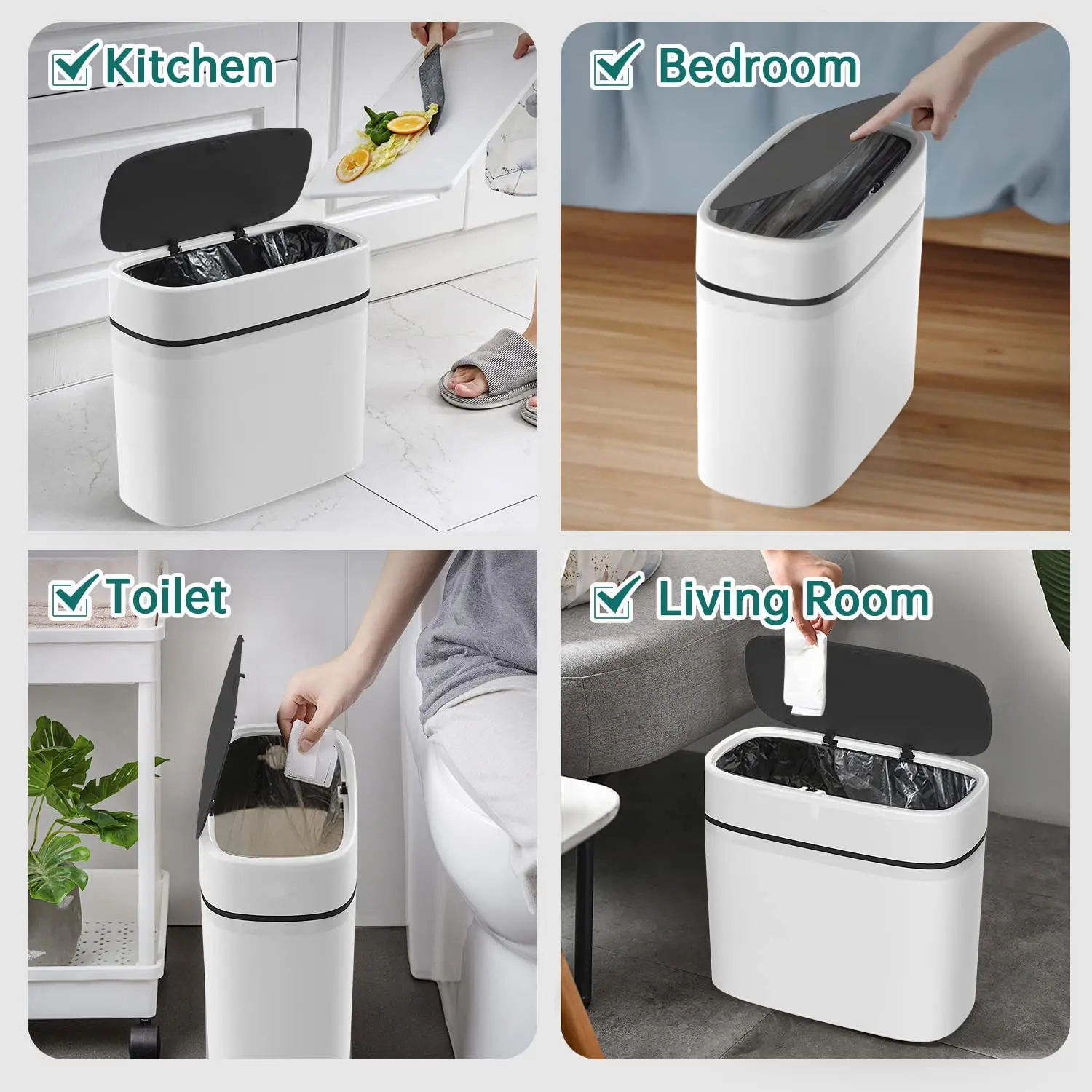 14 Litre Trash Can with Press Top Lid，Plastic Garbage Bin | Slim Wastebasket for Bathroom, Kitchen, Toilet, Office, Room,Bedroom