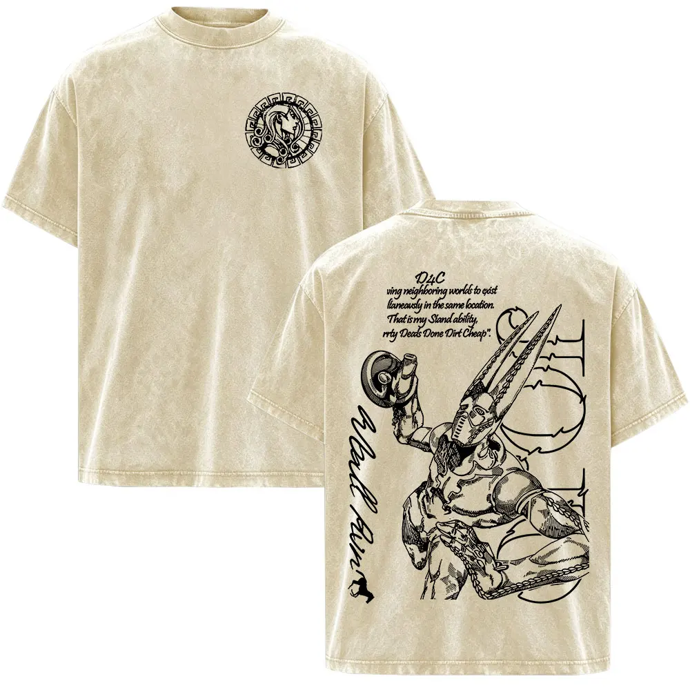 Anime Jojo Bizarre Adventure STEEL BALL RUN D4C Funny Valentine Vintage Washed T-shirt Men's Clothing Short Sleeve T Shirts Tops