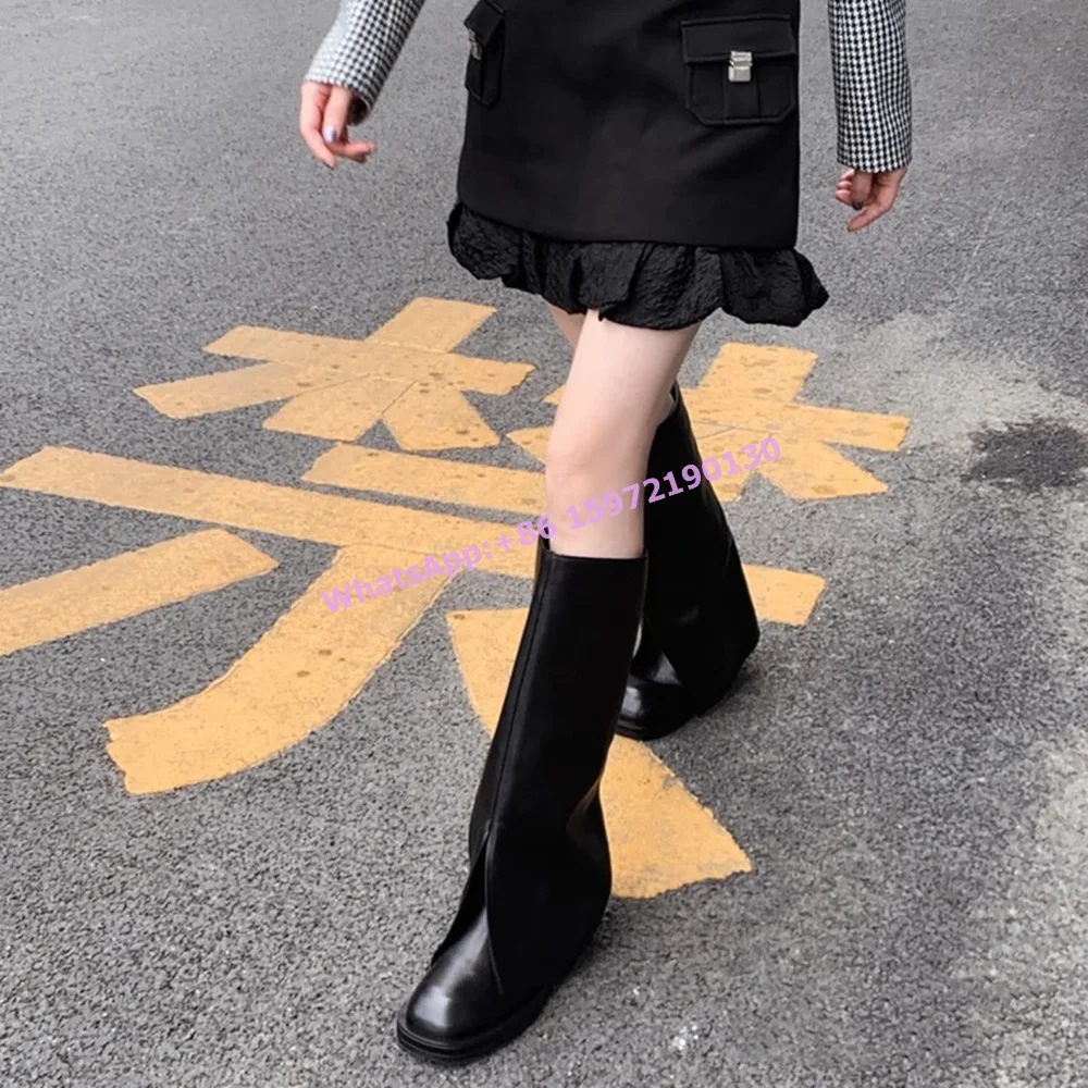 Black Turn Over Edges Boots Square Toe Slip On Slouch Thick Soled Knee High Boots Solid Concise Basic Women's Winter Shoes