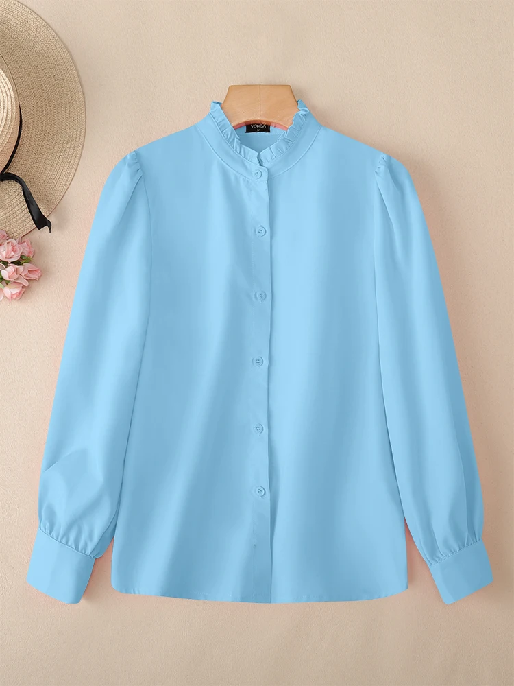 VONDA エレガントな女性用オフィスレディシャツ 2025年秋 長袖トップス ボタン付き スタンドカラー 無地 韓国風ブラウス カジュアル パーティーブラウス