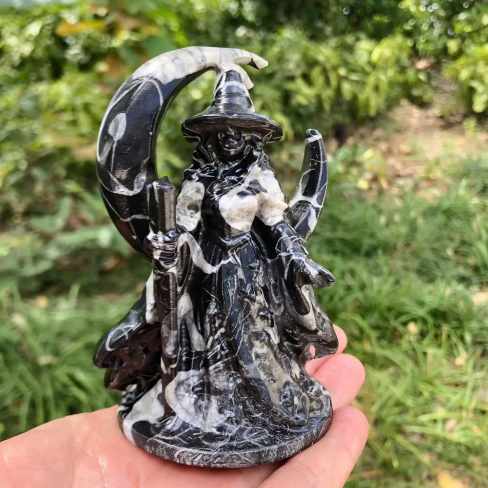 Natural Shell Stone Witch Statue with Crescent Moon Crystal Wizard Figurine - Home Decor Meditation Craft Ornament
