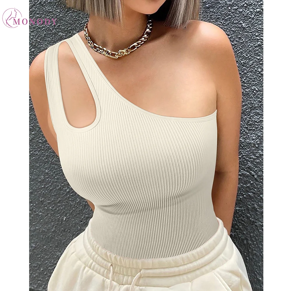 Women's Sexy One Shoulder Sleeveless Cutout Slim-Fit Stretch Bodysuit Tank Top Body Suits Tummy Control Shapewear