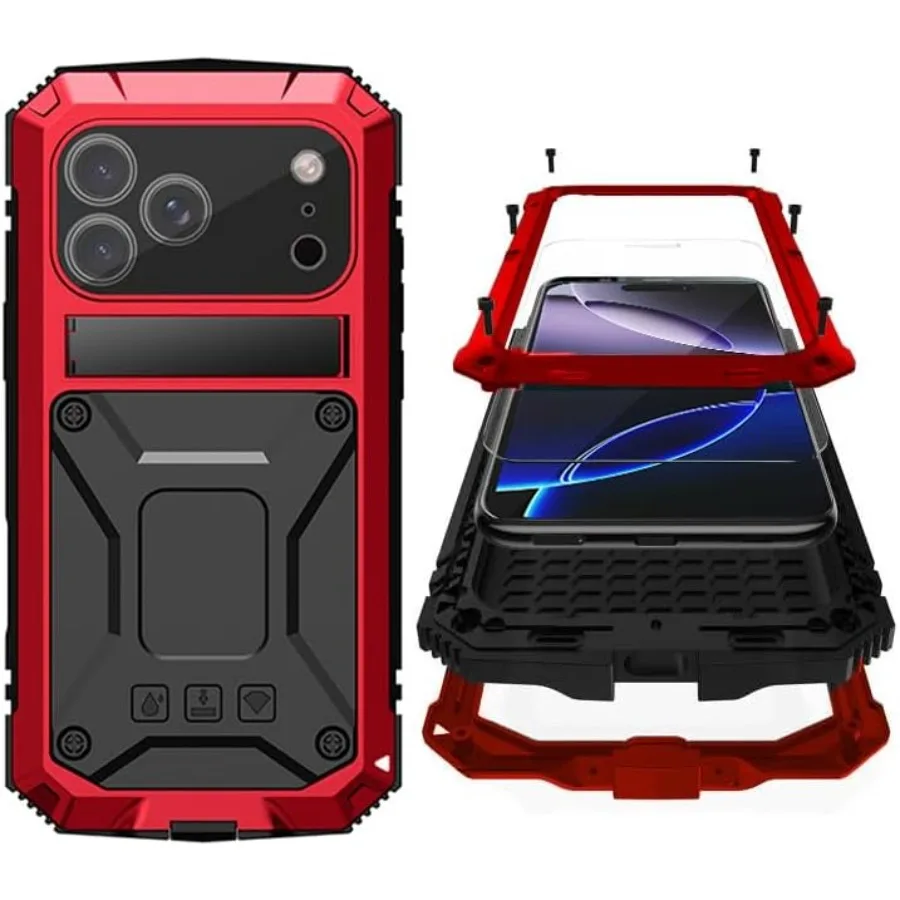 

Сверхмощный металлический бампер в стиле милитари с силиконовой противоударной защитой для iPhone 17 Pro Max — прочный пылезащитный и прочный