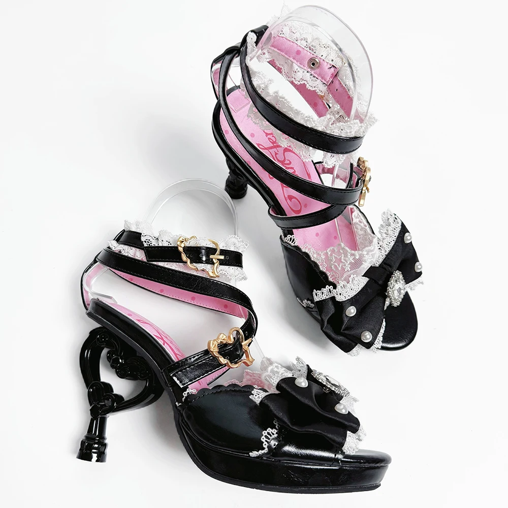Original Sweet Cute Fashion Round Head Princess Lolita Shoes Women Summer New Kawaii Bow Lace Stitch Pink High Heels Girl Sandal