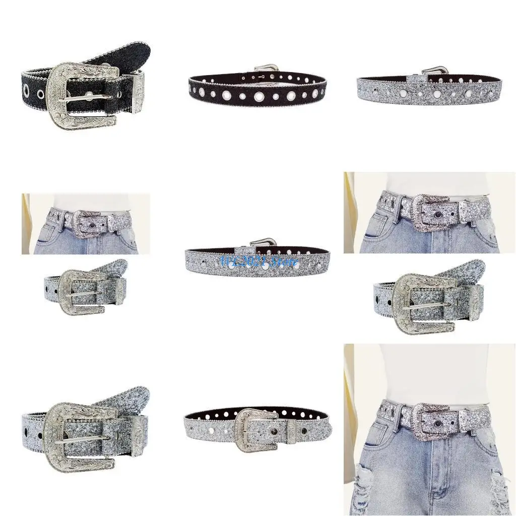 

G5GC Adjust Belt with Diamond Buckle for Girl Full Sequins Belt for Jeans Cowgirl