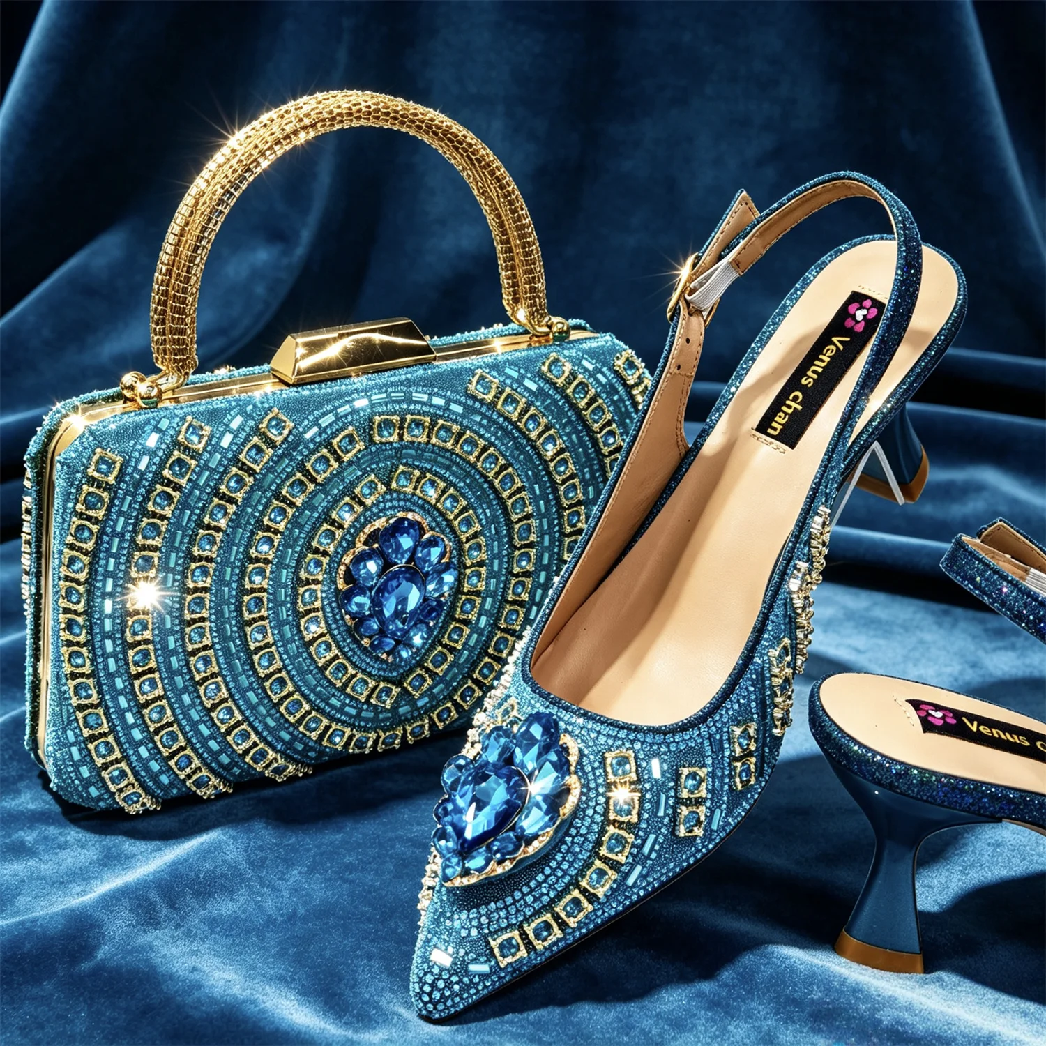 2026 Italian Inspired Gold Rhinestone HAND CRAFTED UPPER Pointed Toe Women High Heels Shoes and Bag Set Elegant Party Shoes