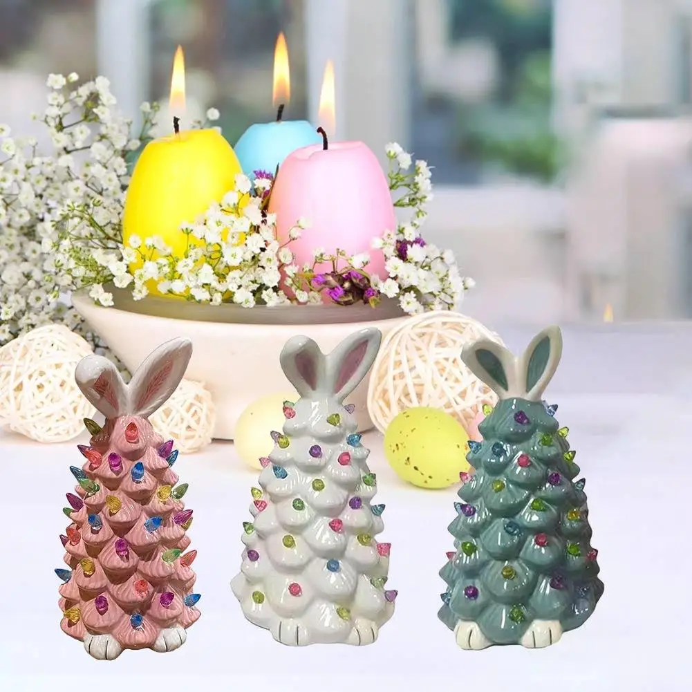 Spring Easter Rabbit Tree Lamp Resin Pink Bunny Tree Lamp With Ears Feet LED Light-up Animal Figurine Statue Sculpture Desktop