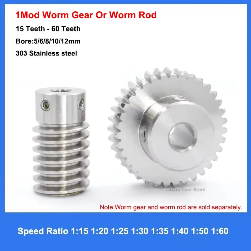 1 Mod Worm Gear Or Worm Rod Stainless Steel 15/20/25/30/35/40/50/60 Teeth Speed Ratio 1:15 1:20 1:25 1:30 1:35 1:40 1:50 1:60