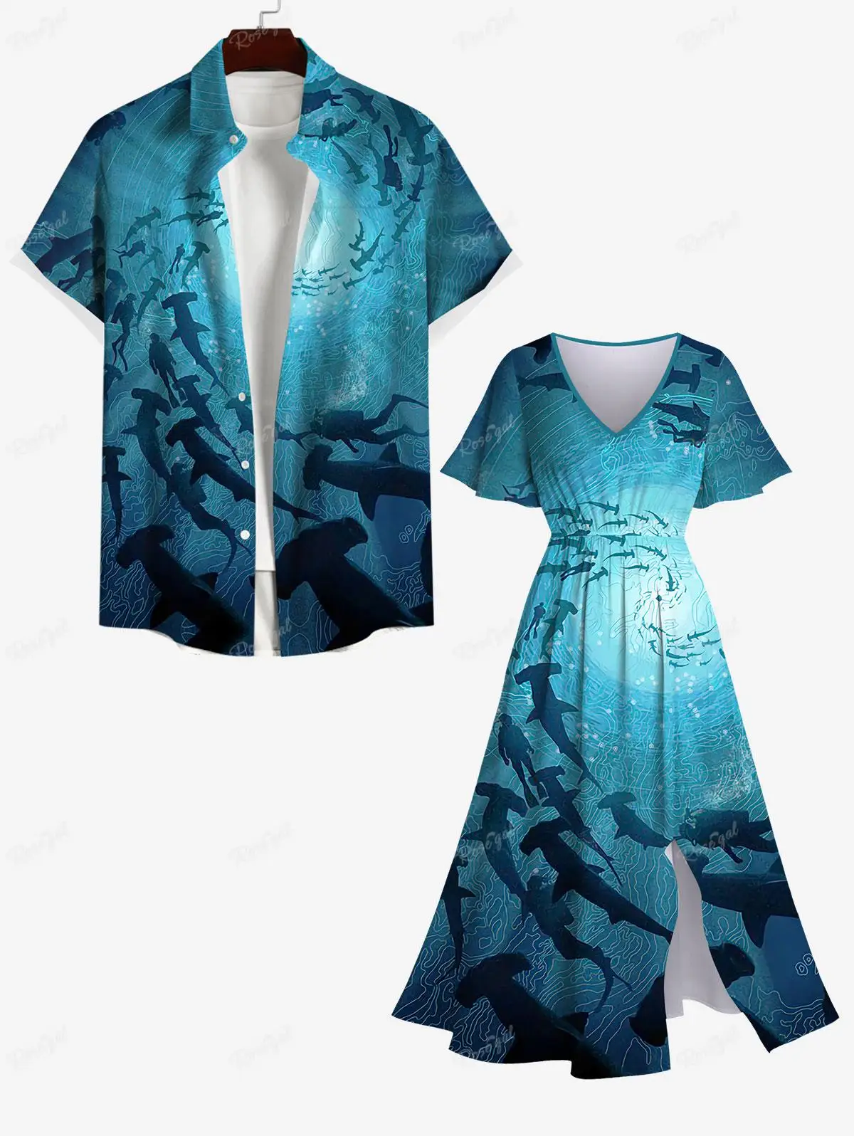 Print Plus Size Matching Hawaii Beach Outfit For Couples  платье женское платье женское Spiral Diver Fish Ombre Seabed