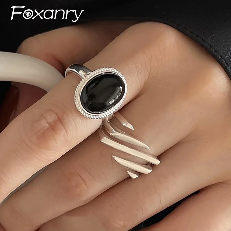 Foxanry Black Zircons Party Rings for Women New Fashion Creative Design Geometric Handmade Party Jewelry Accessories Кольцо