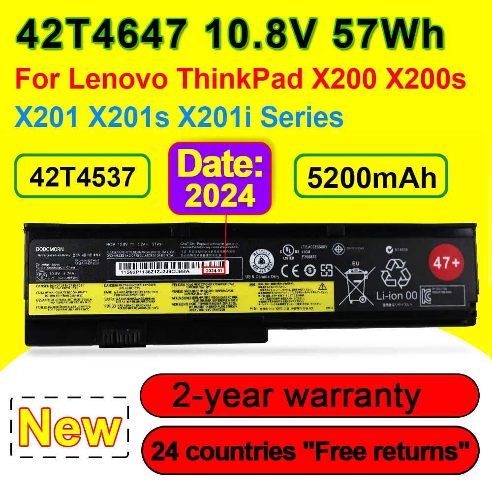 

Для Lenovo ThinkPad X200 X200s X201 X201s X201i 42T4537 42T4647 42T4646 42T4648 42T4649 Аккумулятор для ноутбука 47 + 10,8 В 57Wh 5200 мАч