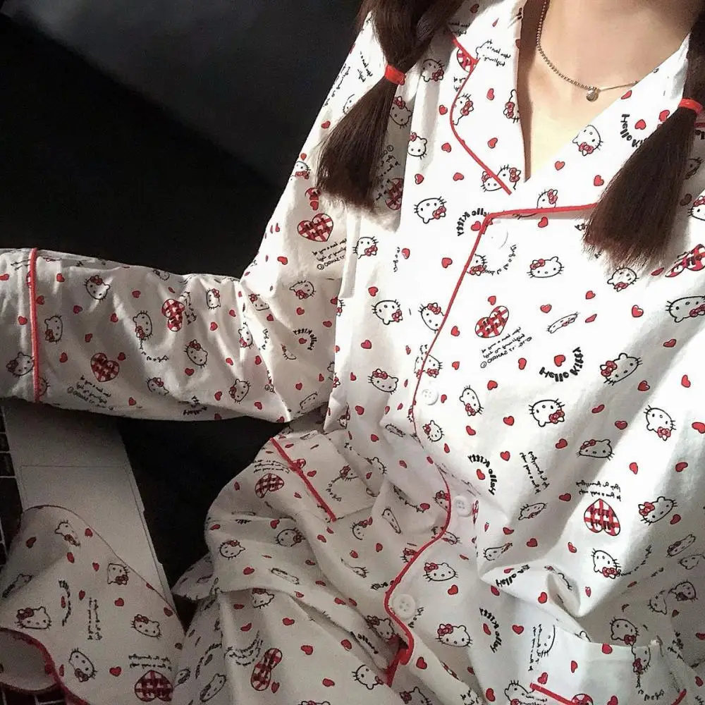 Lindo traje de pijama femenino de 2 uds Hello Kitty dibujos animados Anime Kawaii mujeres primavera otoño Tops pantalones ropa de descanso ropa de casa dulce niñas