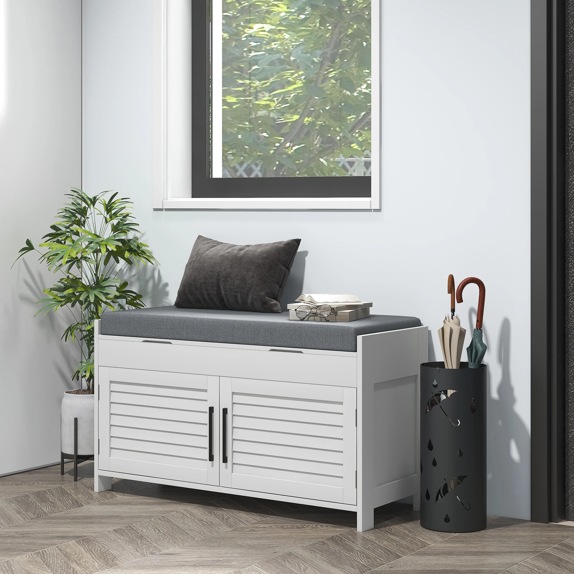 HOMCOM Shoe Bench, Entryway Bench with Shoe Storage, Cushion, Hidden Compartments, Adjustable Shelves and Shutter Doors, 35.4