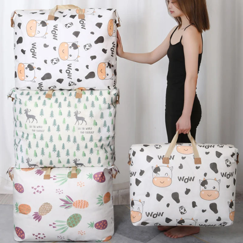 Cute Print Zipper Quilt Storage Bag Zipper Large Capacity Packing Bag Double Handle Moisture-proof Clothes Quilt Storage Bag