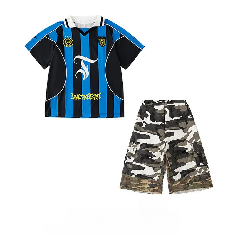 Vêtements de danse de rue Hip Hop pour garçons, t-shirts amples à rayures, short camouflage Hip Hop, Streetwear, Costumes de danse Jazz de groupe, vêtements de scène