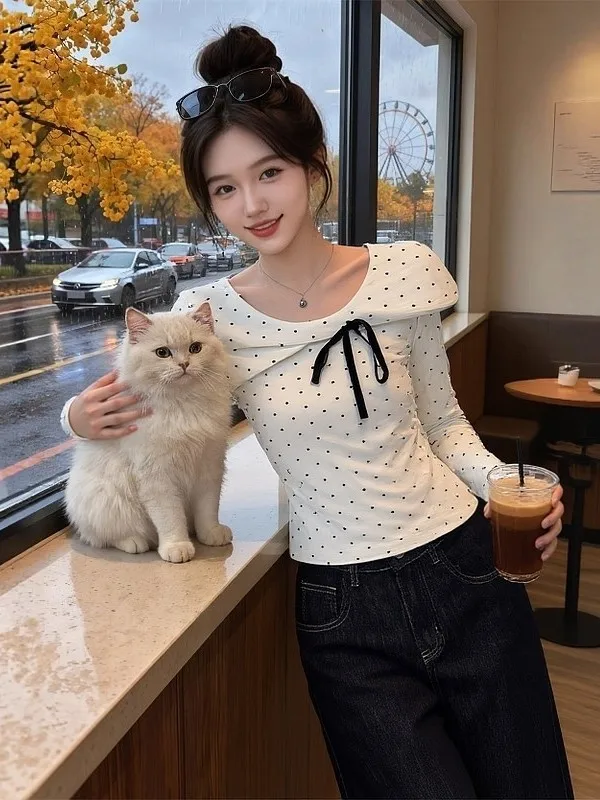 

Женская футболка Ele Polka Dot Long Sve, весенний новый дизайн, облегающий базовый топ с узлом, удобная французская футболка