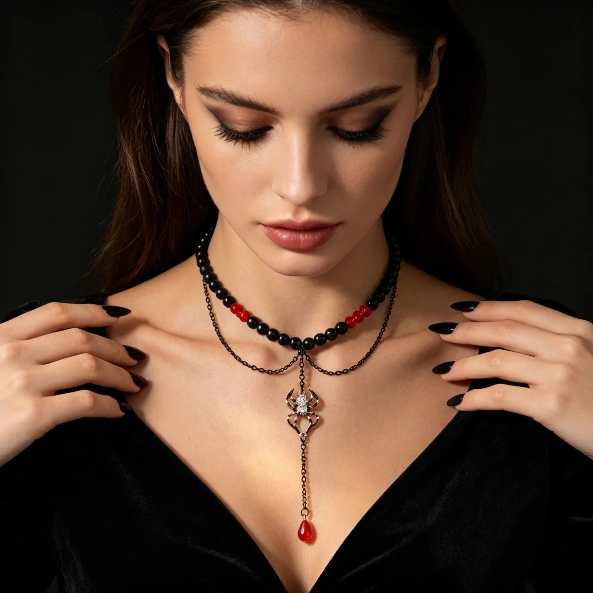 Gotische Cosplay-Halskette mit einzigartigen roten Kristallperlen und Quasten für Damen, Halloween-Fledermaus-Totenkopf-Kürbis-Choker, Punk-Party-Schmuck – Detail 5