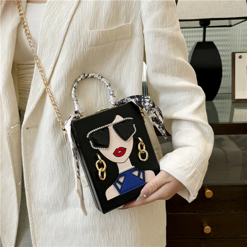 2024 New Handheld Box Dinner Bag for Women Graffiti Sunglasses Shoulder Bag Vintage Chain Crossbody Bag Cute Purses and Handbags