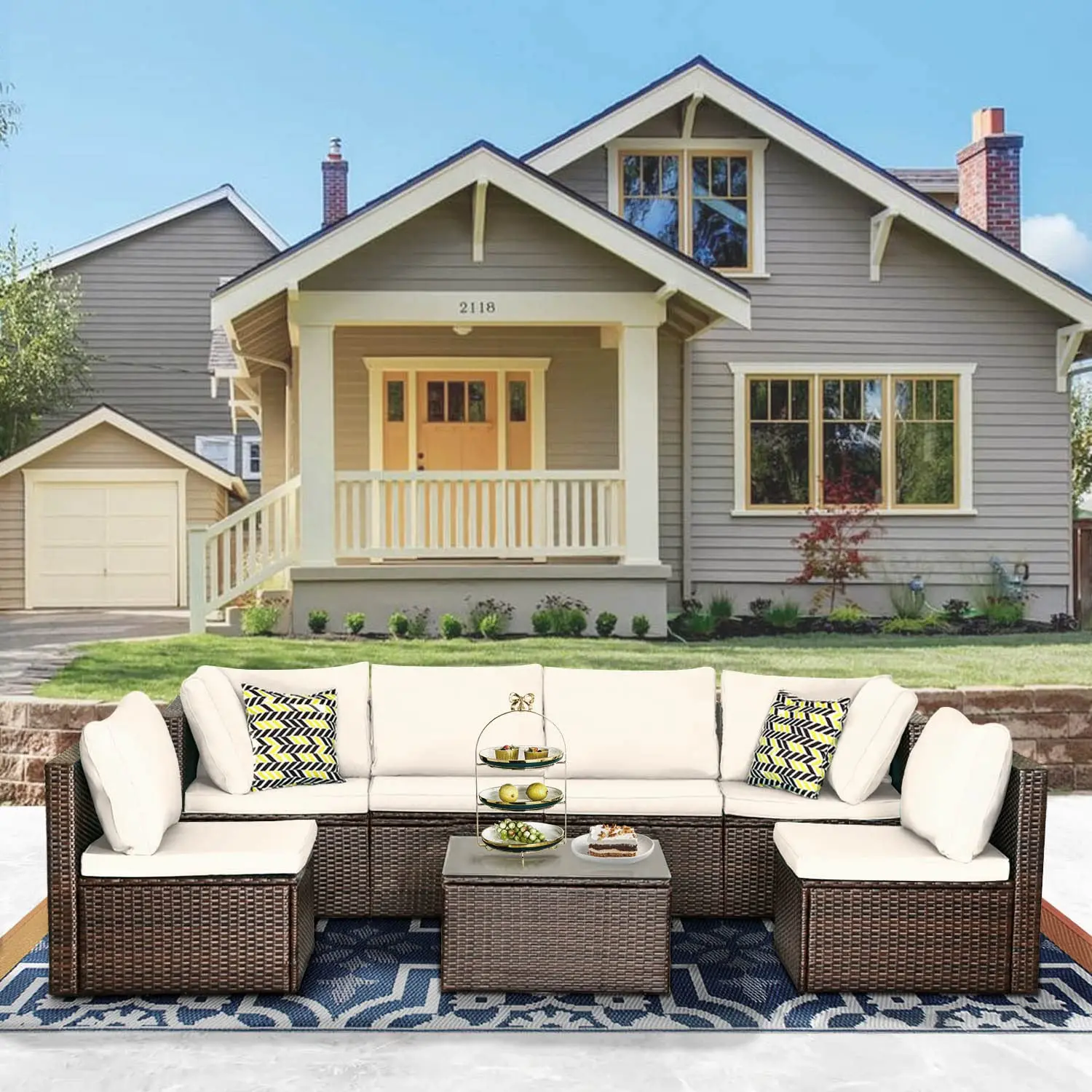 

Patio Furniture Set 7 Pieces Outdoor Furniture Wicker Conversation Set Sectional Sofa And Coffee Table Wicker Patio, Customized