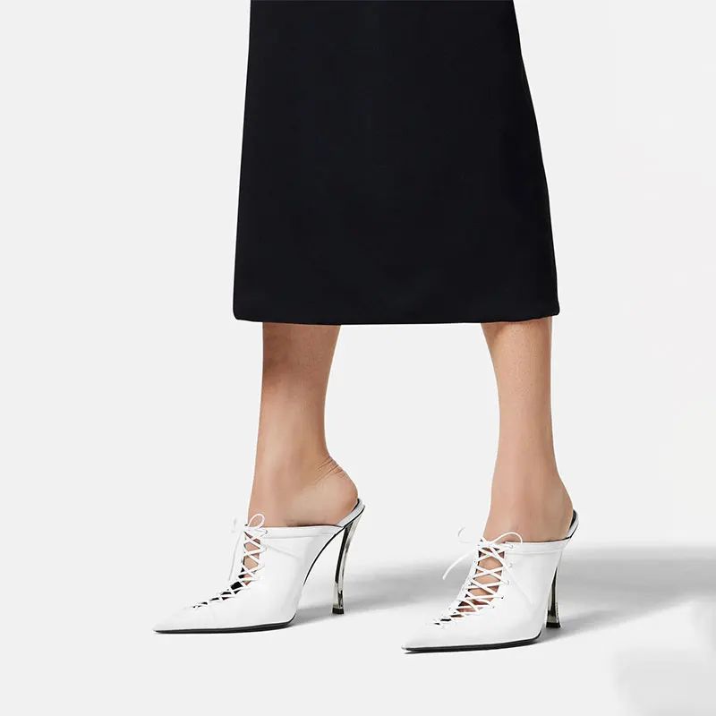 2026 Summer New Women's Pointed Sandals Fashion Metal Slim High Heel Lace-up Slippers Sexy Fashion Show 45 Large Sandals