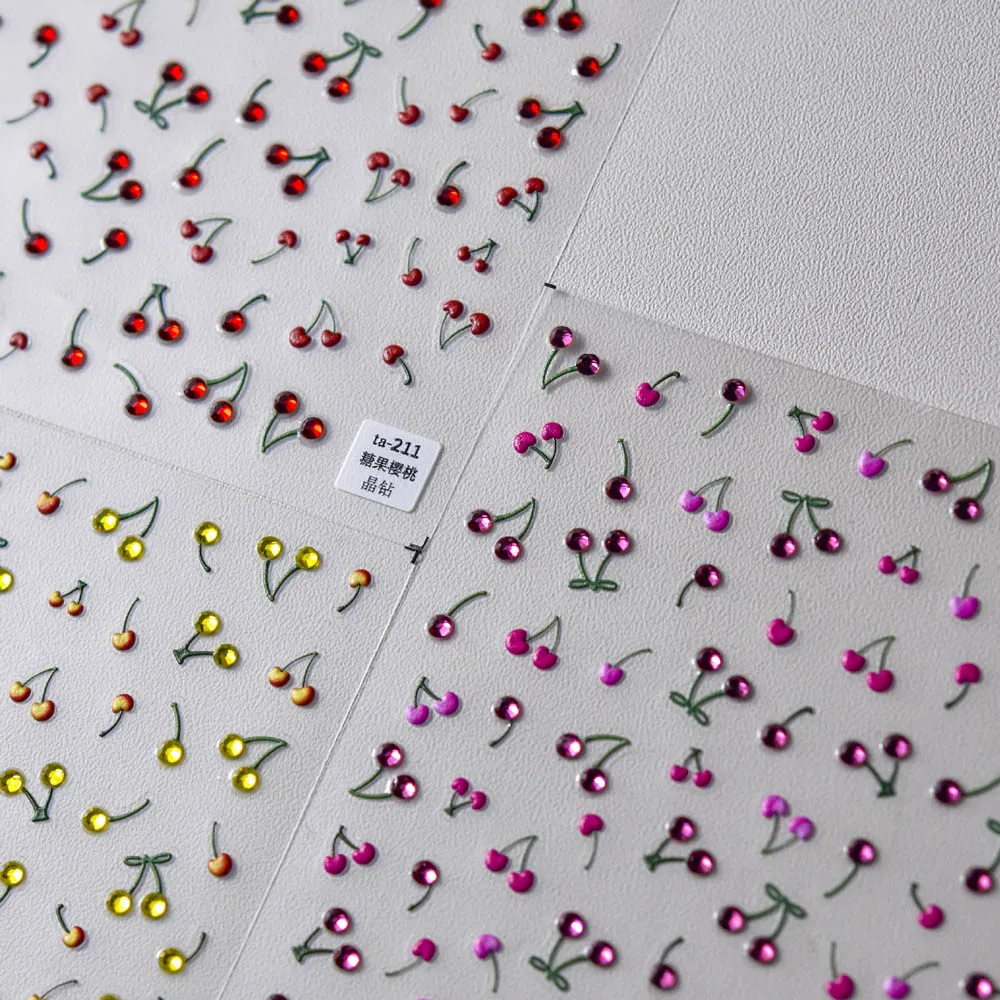 5D kabartmalı kiraz Nail Art Sticker sevimli şeker kristal elmas parlak pembe kırmızı sarı manikür kabartma etiket DIY tırnak çıkartmaları