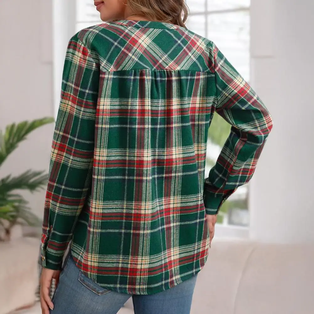 

Women Plaid Shirt Lightweight Women Shirt Women’s Plaid Shirt V Neck Pullover Long Sleeve Office Top with Half Placket Buttons