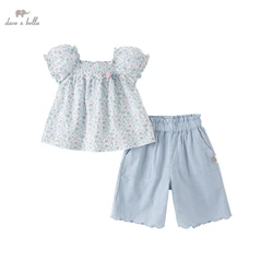Dave Bella Blue Floral Print Girls Bubble Sleeve Two-Piece Children's Clothing Summer New DB2235443