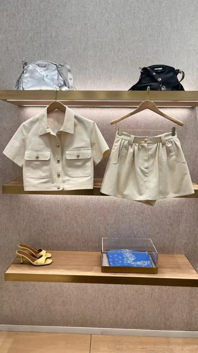 

2026 Summer Women Solid Color Set Collar Single Breasted Short Sleeve Shirt+High Waist Skirt