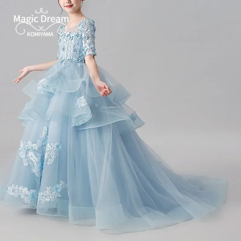 Customized Temperament Embroidered Slim Waist Princess Dress New Fashion Birthday Party Dress O-neck Mesh Trailing Flower Girls