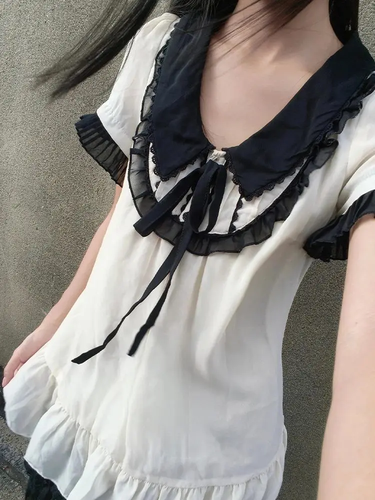 Japanese Vintage Color Block Chiffon Ruffle Collar Bow Blouse Black Mini Skirt 2 Piece Set Women Loose Fit Summer Wear Outfit
