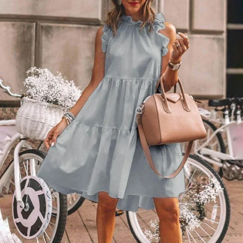 Summer Casual Ruffle Collar White Loose Beach Women\'s Dress Casual Bohemian Sleeveless Large Hem Solid Round Neck Long Dress