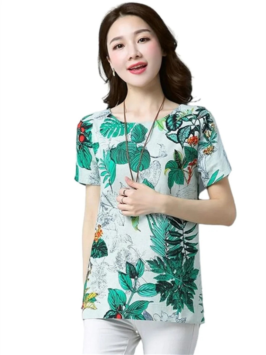 Women Spring Summer Blouses Shirts Lady Fashion Casual Short Sleeve O-Neck Collar Tropical Leaves Printing Blusas Tops TT2148