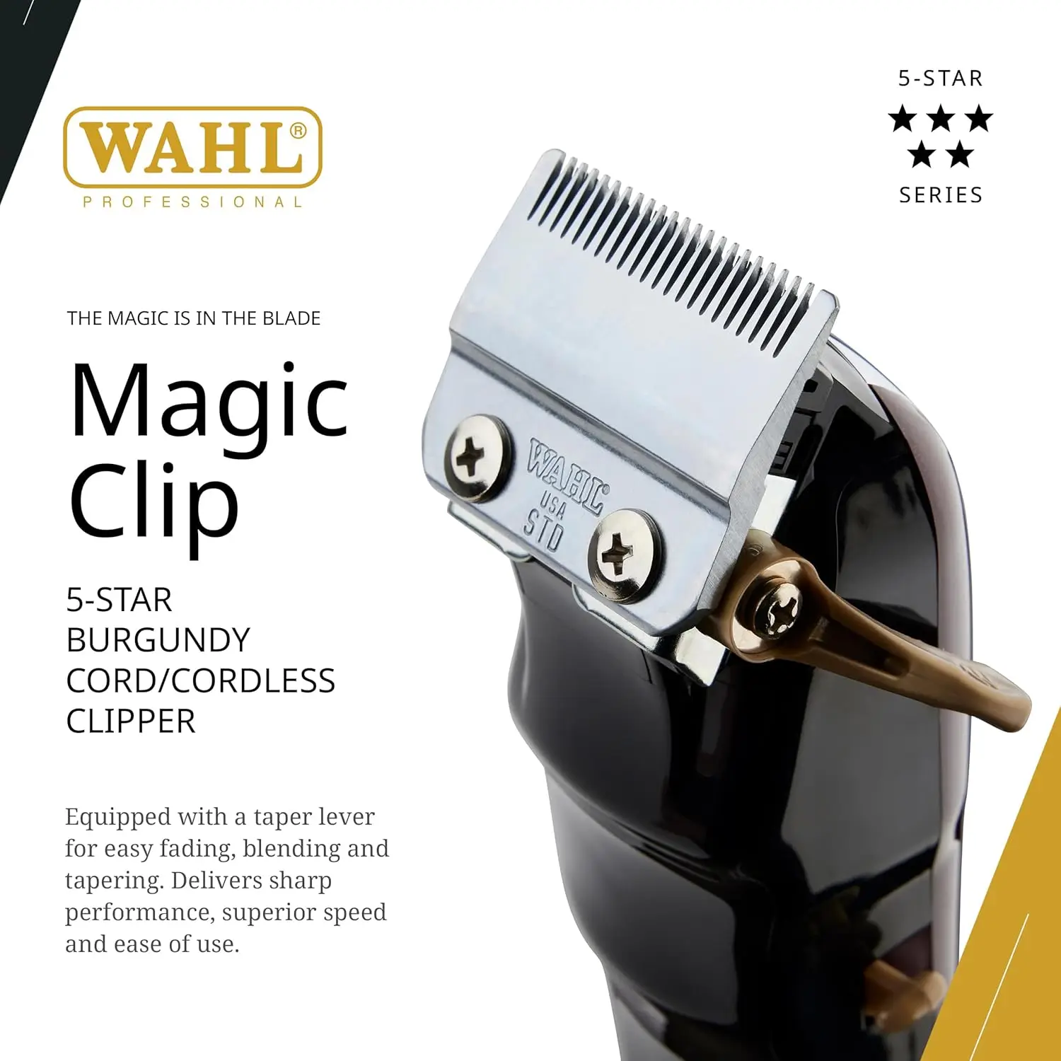 Professional 5 Star Series Magic Clip Cordless Hair Clipper, Stagger-Tooth Blade Professional Hair Trimmer with Attachments, 100