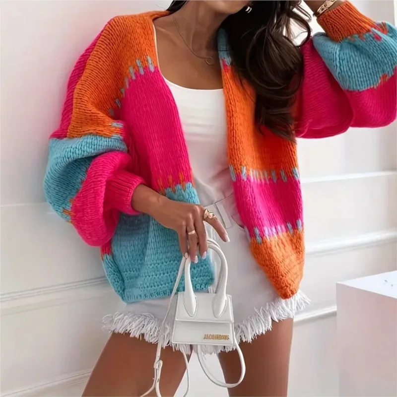 New Women Rainbow Knitted Cardigan Sweater Autumn Winter V-neck Long Sleeve Loose Soft Sweater  Elegant Lady Knitwear Coat