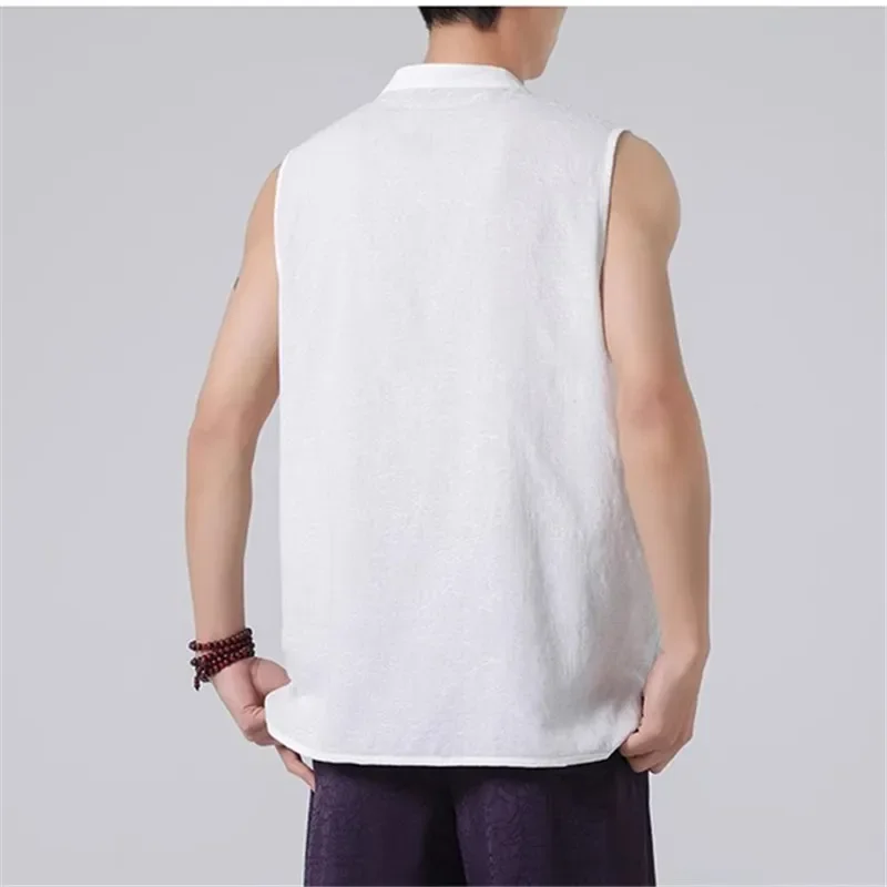 

Summer Tank Tops Men Fashion Chinese Style Loose Stand Collar Cotton Vest Man Solid Color Casual Breathable Sleeveless Tees Tops