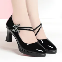 2024 New Fashion Platform High Heels Women Round Toe Black Pu Leather Square Heel Pumps for Party Dress Lady Shoes Zapatos Mujer