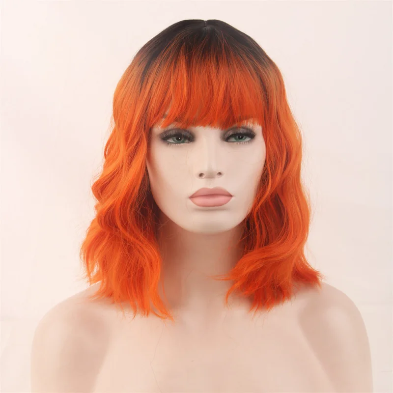 

Парик длиной до плеч, окрашенный градиент, короткие волосы с челкой, вьющийся парик в европейском и американском стиле, модный боб