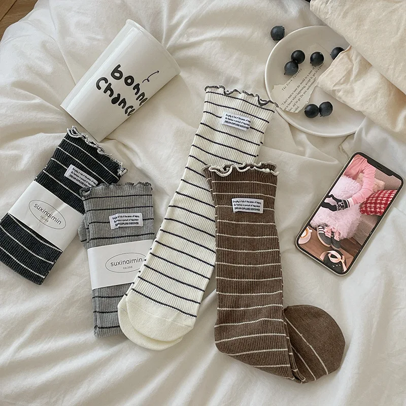 

Japanese Style Stripe Socks Women Cute College Style Rolled Edge Mid Tube Socks Casual Socks Spring and Autumn