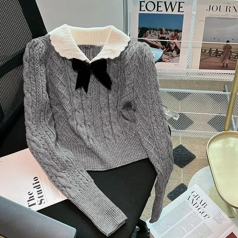 

Gray Sweaters Bow Pullovers Short Sueter Mujer Y2k Long Sleeve Preppy Style Elegant Japanese Women Sweet Knitted Ruffled