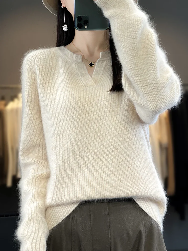 Aliselect Women\'s Super Warm 100% Mink Cashmere Sweater Thick V-Neck Pullovers High Quality Soft Tops Casual Basic Jumper Winter