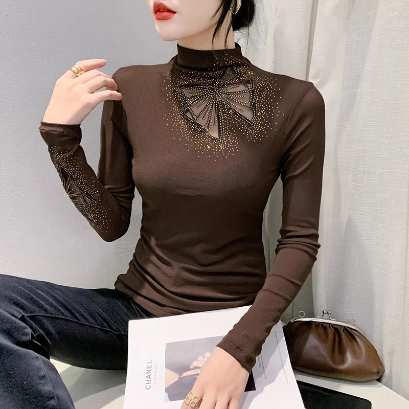 2023 New Autumn European Clothes Women\'s T-Shirt Fashion Sexy Turtleneck Hollow Out Diamonds Tops Ladies Long Sleeve Tees Blusas