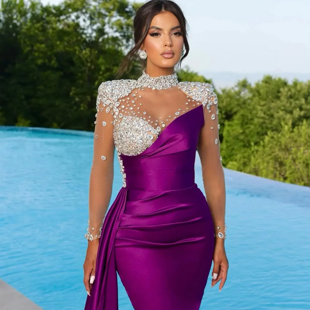 Purple Elegant Mermaid Evening Gown Beaded Turtle Neck Party Prom Dress Illusion Long Sleeve Maxi Dress for Special Occasions